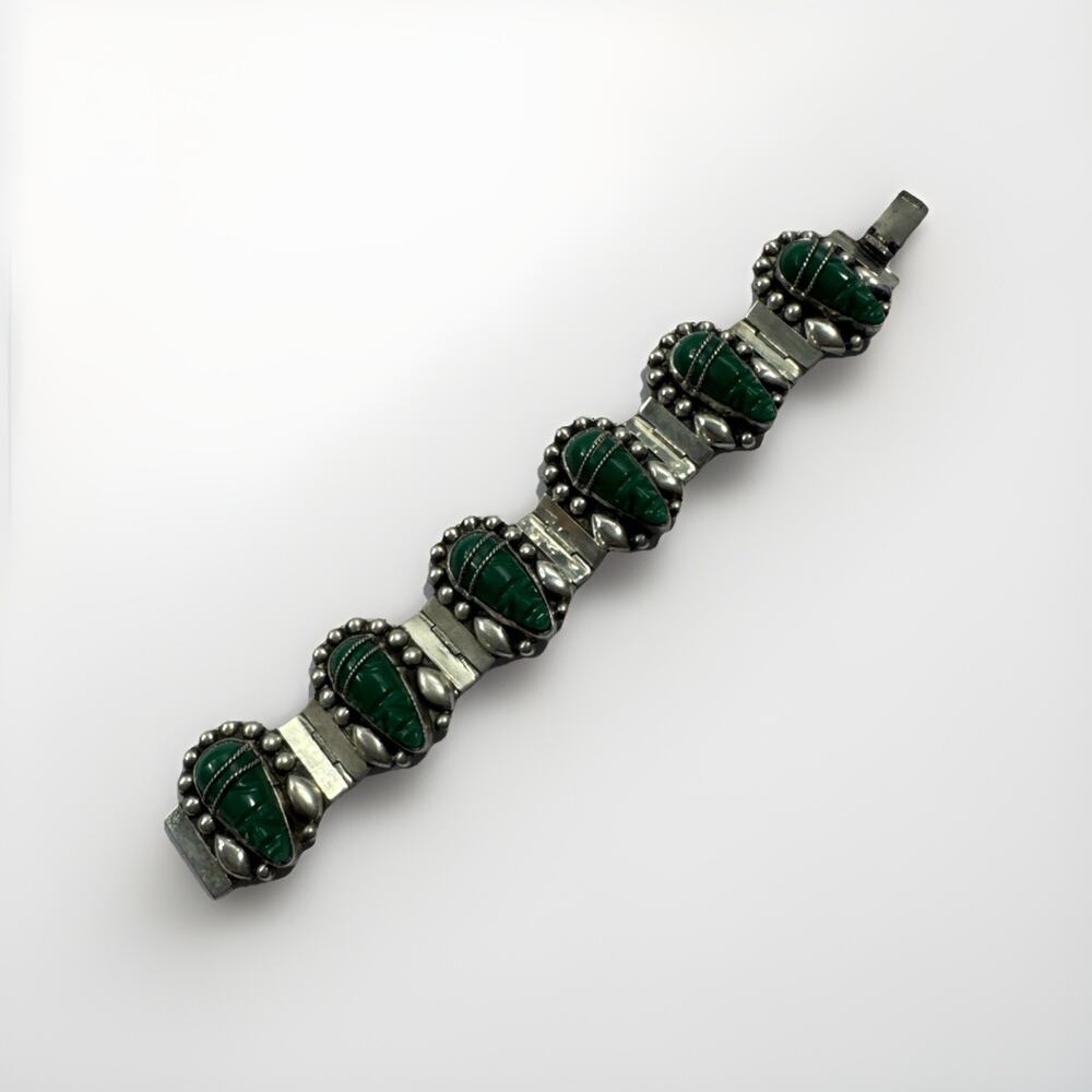 Old Taxco Sterling Green Onyx Tribal Mask Panel Bracelet Signed Aprox 45 Grams